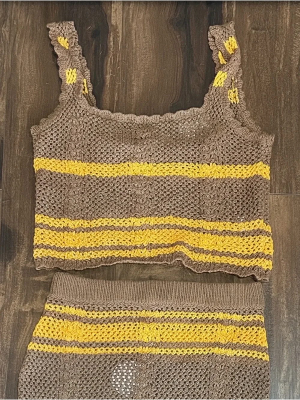 En Creme Orange and Brown Crochet Skirt Set